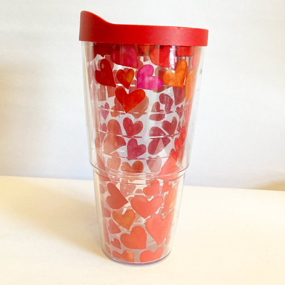 Tervis Insulated Tumbler 24 oz Hearts W/ Red Lid EUC clear Valentines Travel Cup